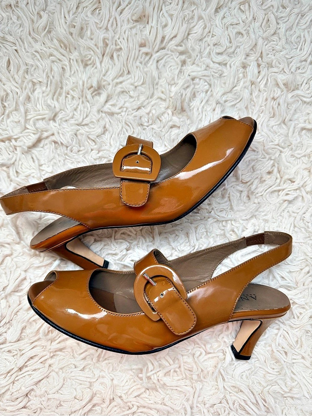 🧡 Anyi Lu Caramel Patent Leather Peep-Toe Heels EU 39 (Size 8.5)